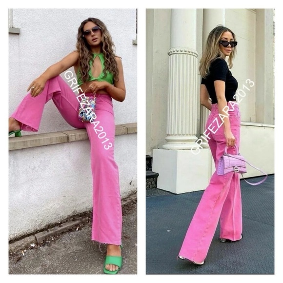 ZARA Bright Pink High Rise Wide Leg Jeans Size 2 NEW Barbie Core - Picture 6 of 13